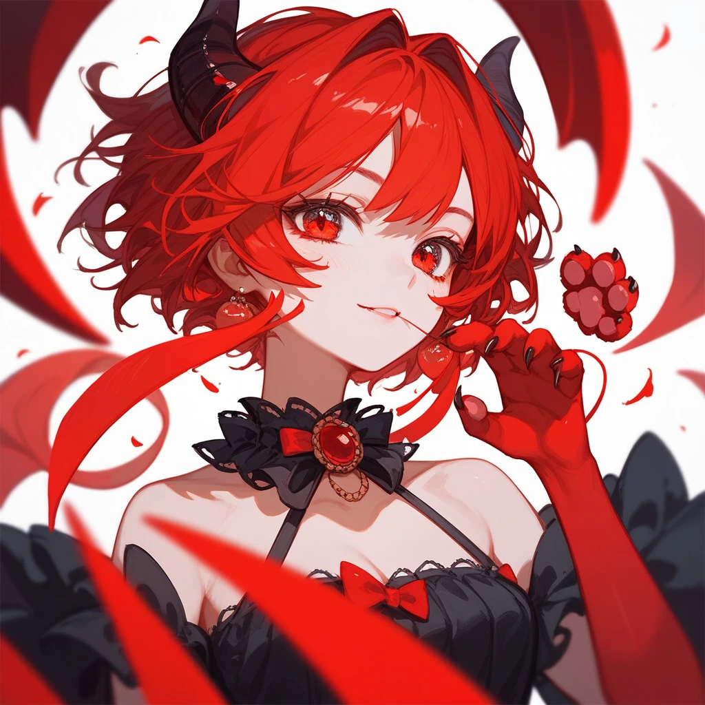 (Fraction_9,Fraction_8_Direction_7_up),1 Girl,Devil Girl,Red hair,Red Eyes,wing,paw,Black skirt,beautiful_Face,