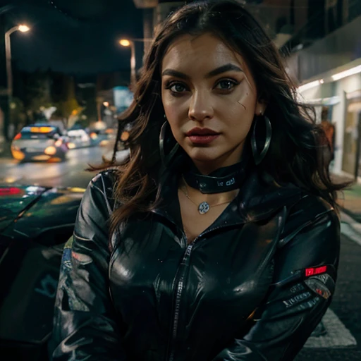 Focus on faces, attractive latino female streetracer sitting on hood of car, sports car, open colourful race jacket, casual clothes, night time, street lights, road, looking up, big eyes, full lips, eyeliner wings, eye shadow, lip stick, ear ring hoops, choker, begging look, hugging,