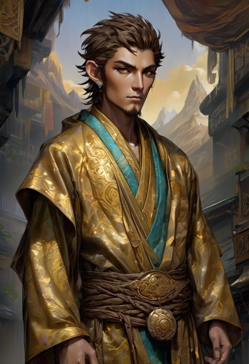 Full body visible, oil painting, D&D fantasy, 22 years old mongrel man, ((Left side of the face covered in lizard scales)), ((rugged detailed face and glowing gold anime eyes)), short chestnut hair, wise smile, looking at the viewer, intricate detailed cloth monk robes, intricate hyper detailed hair, intricate hyper detailed eyelashes, intricate hyper detailed shining pupils, #3238, UHD, hd , 8k eyes, detailed face, big anime dreamy eyes, 8k eyes, intricate details, insanely detailed, masterpiece, cinematic lighting, 8k, complementary colors, golden ratio, octane render, volumetric lighting, unreal 5, artwork, concept art, cover, top model, light on hair colorful glamourous hyperdetailed house ruins background, intricate hyperdetailed house ruins background, ultra-fine details, hyper-focused, deep colors, dramatic lighting, ambient lighting