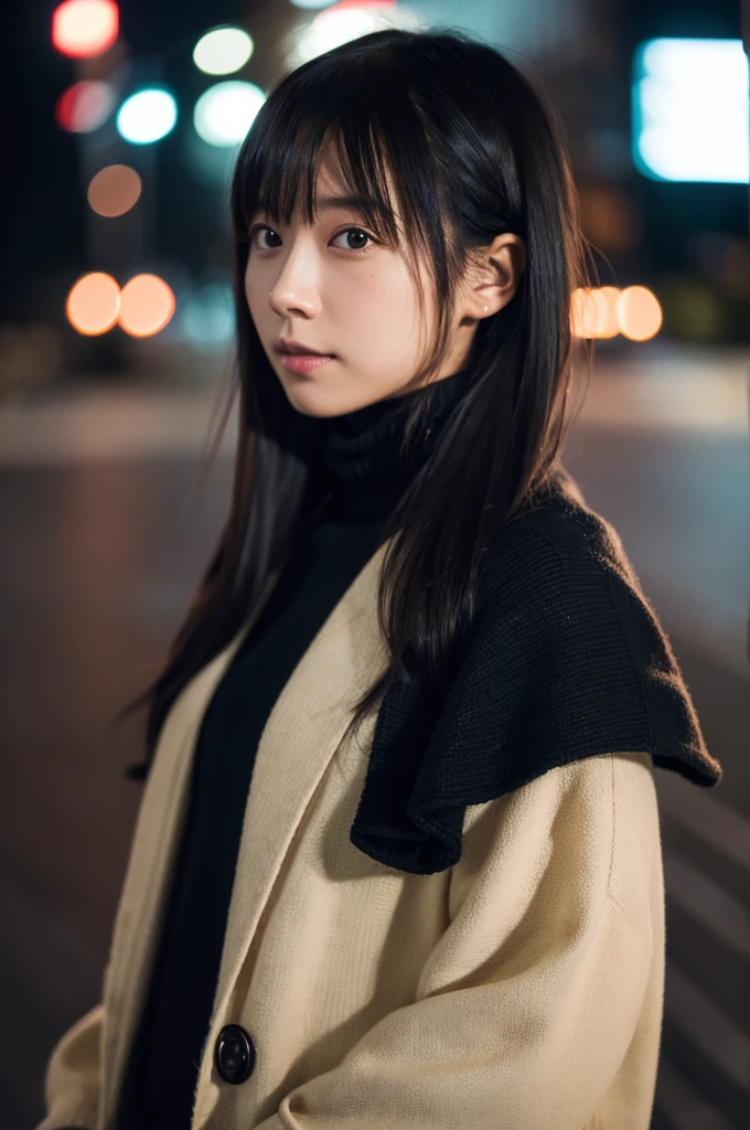(8k, best quality, masterpiece, ultra highres:1.2), 1japanese girl, photo, realistic, black hair, turtleneck, winter, street, cinematic lighting