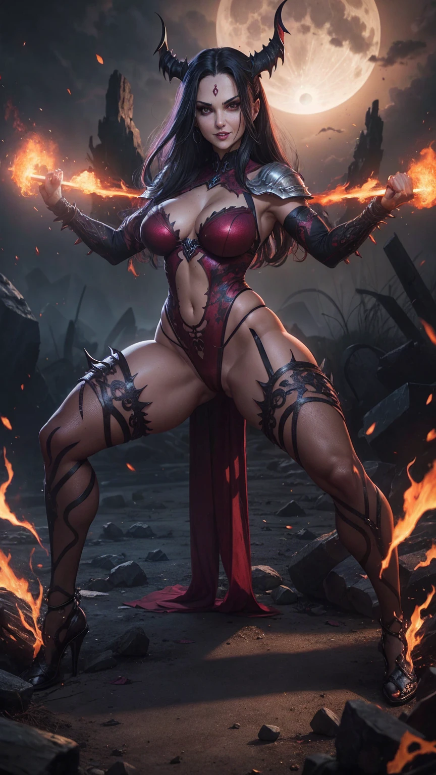 girl, warrior, mndngwmn, AvaAddams, legs spread wide open, evil look, action stance, sexy, sheer see through panties lowleg, claws, fangs, demonic presence, red glowing eyes, combat stance, vibrant appearance, creative behavior, menacing, evil smile, imaginative, sensual, spontaneous, highest quality, skin texture, intricate details, (cinematic lighting), RAW photo, 8k, under moonlight, nightmarish, full moon, firestorm, debris