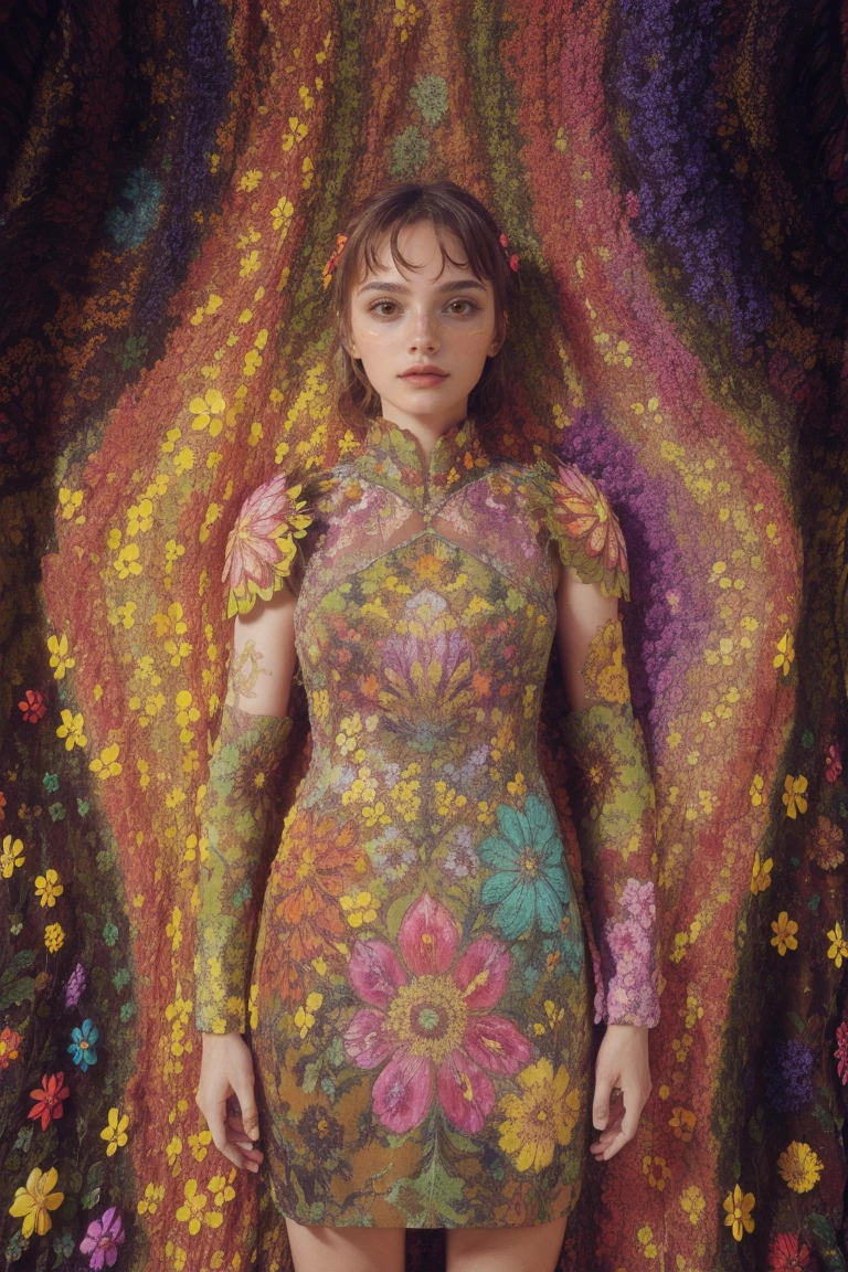 woman, flower dress, colorful, epic background,flower armor, multicolor theme, millions of colors theme, psychedelic style, camouflage pattern:0.5, standing, a bit sided position