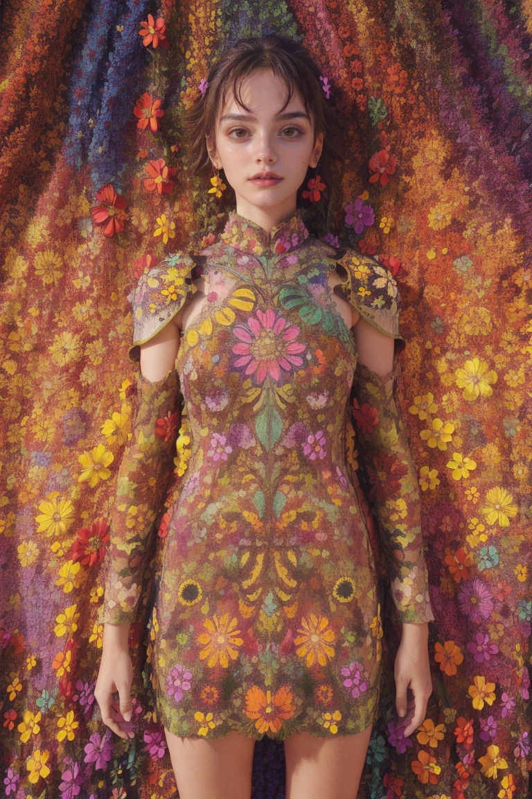 woman, flower dress, colorful, epic background,flower armor, multicolor theme, millions of colors theme, psychedelic style, camouflage pattern:0.5, standing, a bit sided position