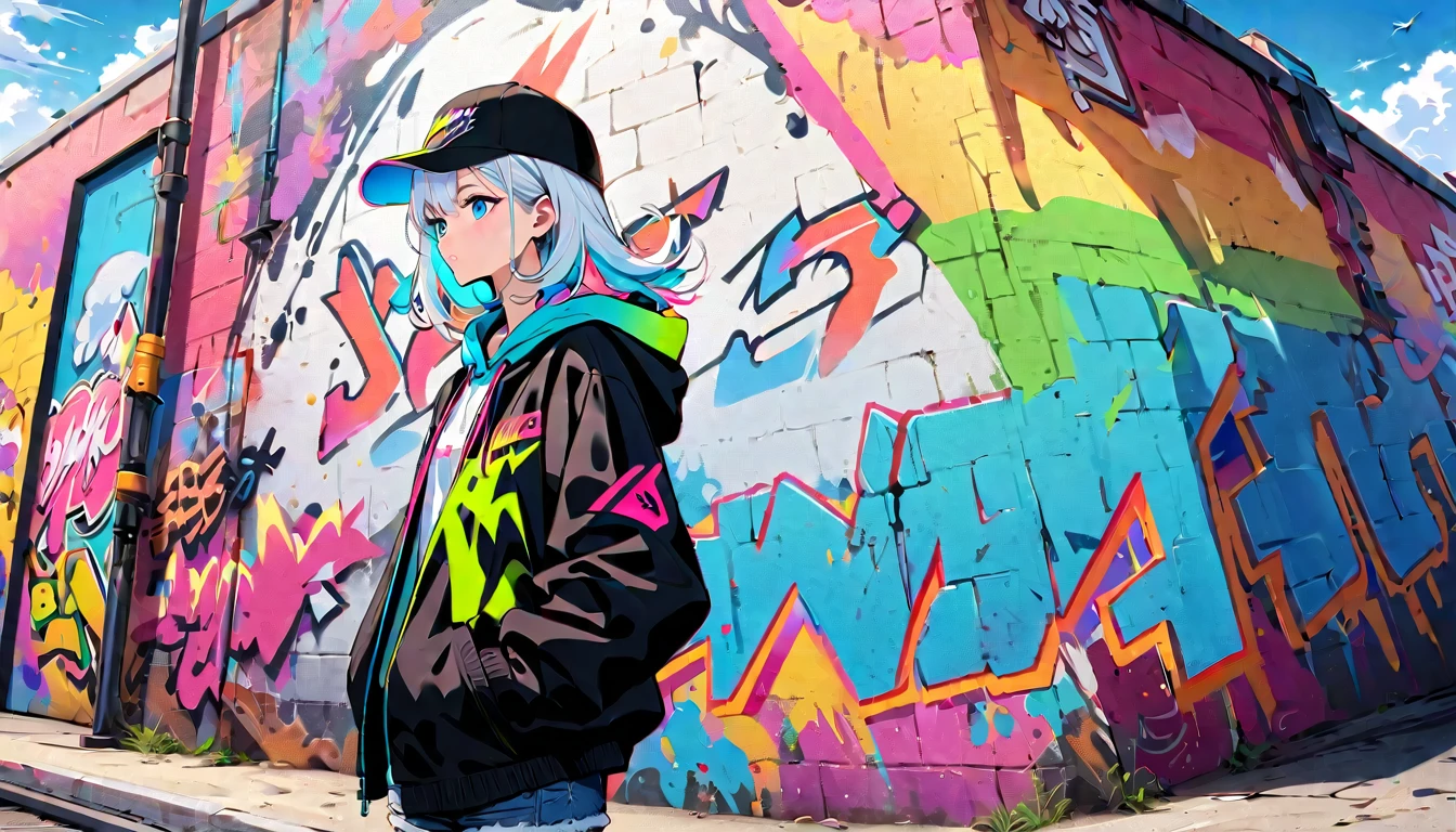 HD 8k Handsome sexy cute, Solitary, 1 female, Medium Length Hair, white hair, Rainbow hair, blue Eyes, "HD 8K riding bicycle", Rainbow headphone, hoodie, colored hoodie, black Trucker Hat, hip-hop style big hooded jacket denim shorts, sneakers NIKE, Human focus, outdoor, blue sky, White clouds, graffiti Popularity spray art wall,



