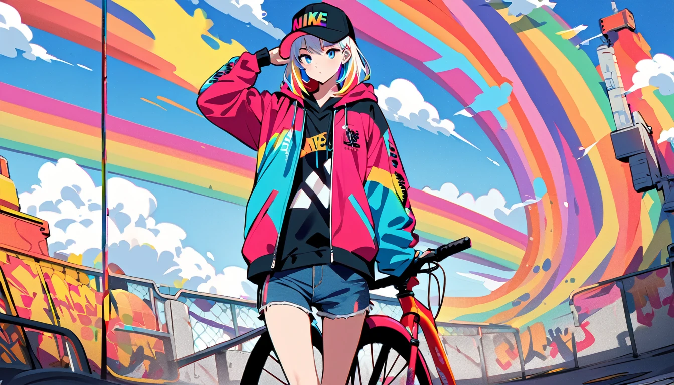 HD 8k Handsome sexy cute, Solitary, 1 female, Medium Length Hair, white hair, Rainbow hair, blue Eyes, "HD 8K riding bicycle", Rainbow headphone, hoodie, colored hoodie, black Trucker Hat, hip-hop style big hooded jacket denim shorts, sneakers NIKE, Human focus, outdoor, blue sky, White clouds, graffiti Popularity spray art wall,



