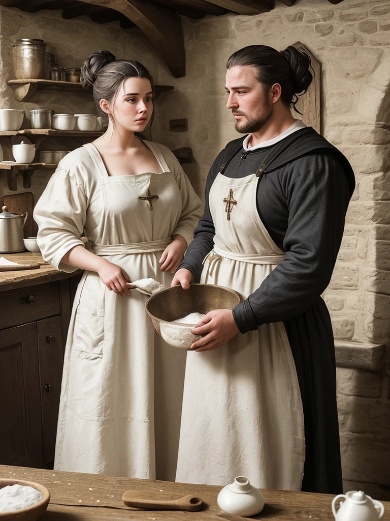 A plump woman with hair up.
The woman is alone.
Dressed in humble medieval clothing.
He is wearing a flour-stained black apron over his clothes. He is in a kitchen of a medieval inn..