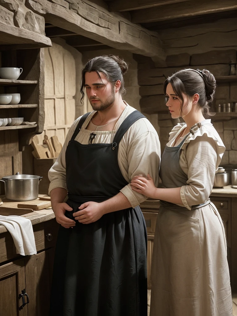 A plump woman with hair up.
The woman is alone.
Dressed in humble medieval clothing.
He is wearing a flour-stained black apron over his clothes. He is in a kitchen of a medieval inn..