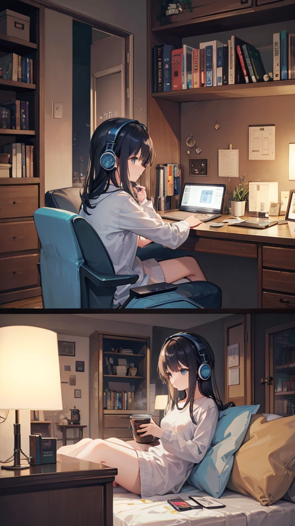 room、Computer screen、night景、Woman wearing headphones、night、Stylish、Calm atmosphere、Coffee cup、暗いroom、Bookshelf、