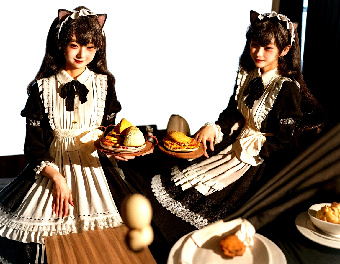 A cute and delicate girl，Wearing black and white maid outfit，(Practical:1.3), Meticulous attention to detail, quality, Rembrandt Lighting, (masterpiece:1.2), (photoPractical:1.2), (best quality), (Delicate skin:1.3), (Intricate details), dramatic, Ray Tracing, 1 Girl, Japanese Girls, 21 years old,Cat ear，Cat， Delicate skin texture, (blush:0.5), (Goosebumps:0.5), Subsurface scattering, Smile, Happy, Medium breasts, Long curly hair, #5: Parted Bangs, maid_skirt, Omelette Rice, tray上的食物, tray, whole body, (maid cafe, Lovely decorations, Brightly lit cafe),