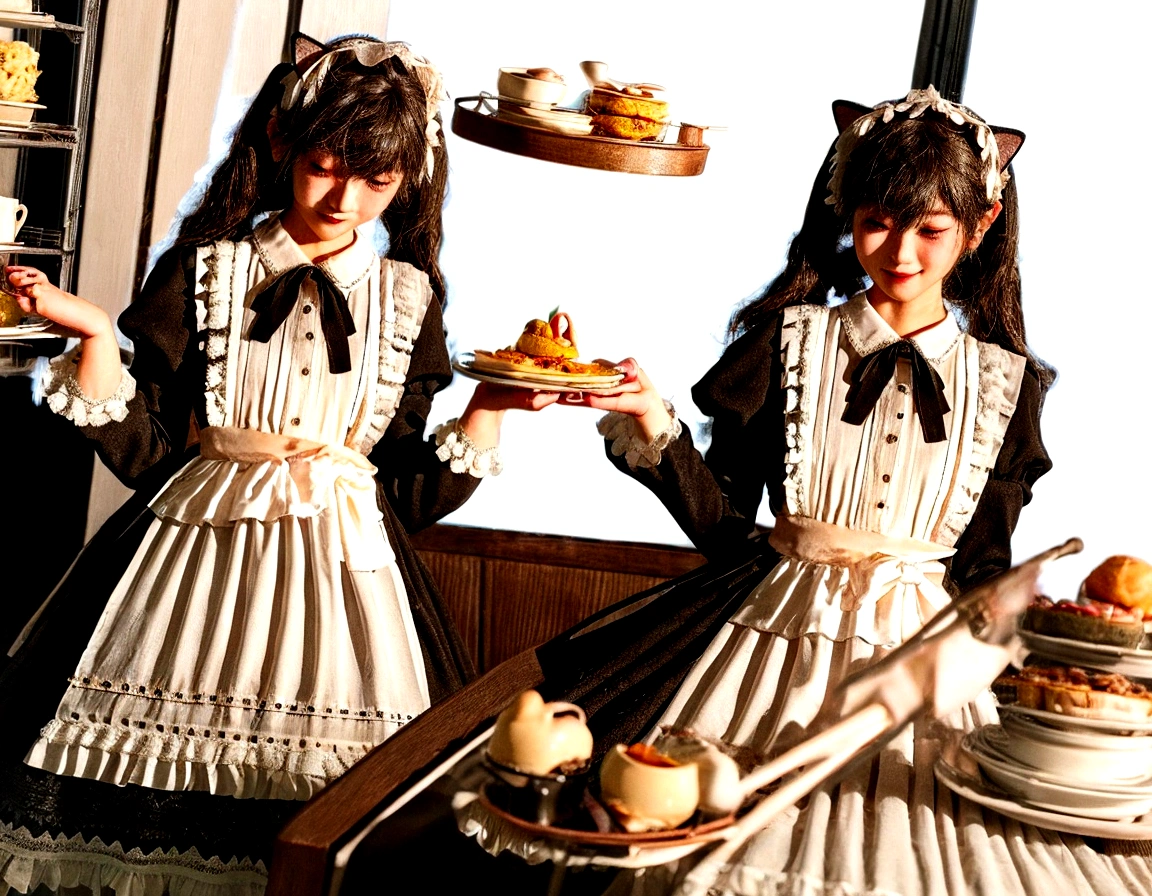 A cute and delicate girl,Wearing black and white maid outfit,(Practical:1.3), Meticulous attention to detail, quality, Rembrandt Lighting, (masterpiece:1.2), (photoPractical:1.2), (best quality), (Delicate skin:1.3), (Intricate details), dramatic, Ray Tracing, 1 Girl, Japanese Girls, 21 years old,Cat ear,Cat, Delicate skin texture, (blush:0.5), (Goosebumps:0.5), Subsurface scattering, Smile, Happy, Medium breasts, Long curly hair, #5: Parted Bangs, maid_skirt, Omelette Rice, tray上的食物, tray, whole body, (maid cafe, Lovely decorations, Brightly lit cafe),
