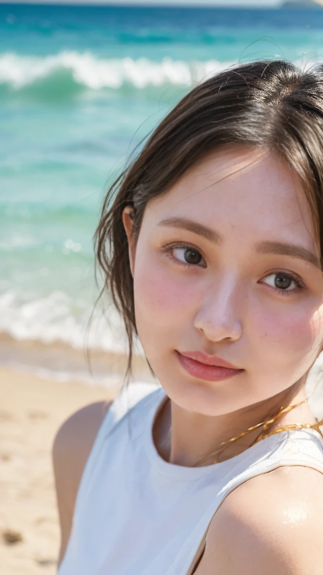((Extremely precise and accurate anatomy)), (masterpiece:1.43), Perfect balance, Realistic photos, Shrapnel:1.22、Mid 20s、young woman、Very realistic、High resolution photos、Wavy, Shoulder-length chestnut hair、Grace from the shoulders down、The eyes are a striking green with gold flecks.、Natural arched eyebrows、The skin is white and smooth、natural, Healthy shine、A kind smile、Straight and white teeth、A micro bikini made from soft and lightweight fabric for a snug fit.、Sunlit beach in the evening、The sea swaying in the wind、Clear deep blue sky with white clouds、The sunlight is warm and golden、Natural highlights and shadows that accentuate facial features and clothing textures、メイクは最小限でnatural、Light Foundation、A faint blush、Subtle eyeliner、A little mascara々、Soft pink lip color、Mr.々Pose、Mr.々Show a facial expression、Wavy hair、A sense of movement and vitality、(((Shallow depth of field effect)))、Image focus、The atmosphere is warm、The energy of joy、Natural Beauty