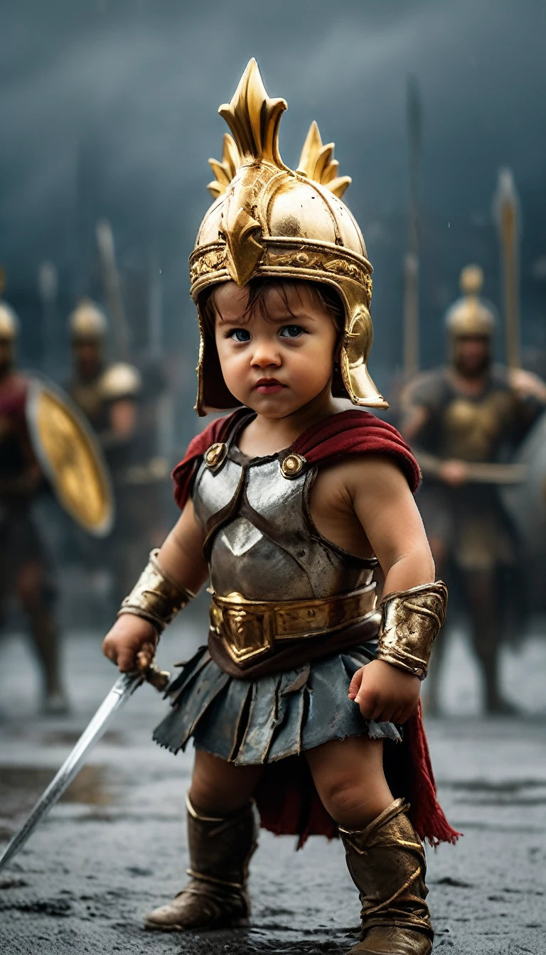 Little spartan, facing bad weather, battle atmosphere background, hyper realistic, ultra detailed hyper realistic, photorealistic, Studio Lighting, wearing a gold crown, reflections, dynamic pose, Cinematic, Color Grading, Photography, Shot on 50mm lens, Ultra-Wide Angle, Depth of Field, hyper-detailed, beautifully color, 8k