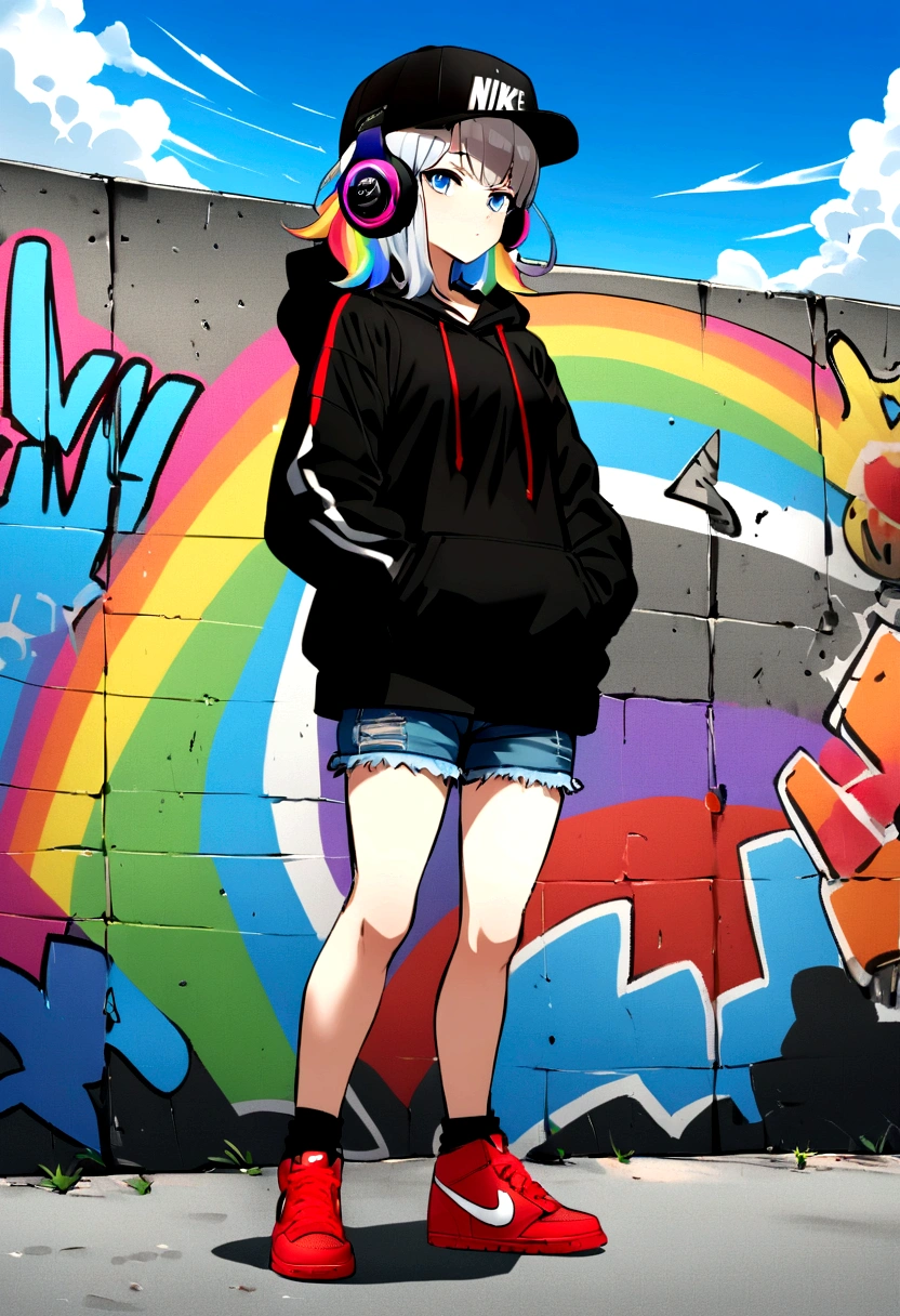 HD 8k handsome sexy cute, Lonely, 1 female, Medium length hair, Gray Hair, Rainbow Hair, blue eyes, Bike riding rainbow headphones, hoodie, colored hoodie, Black Tracker Hat, Hip hop style large hooded jacket、Denim shorts, Sneakers Nike, human center, Outdoor, blue sky, White cloud, Graffiti Popular Spray Art Wall,