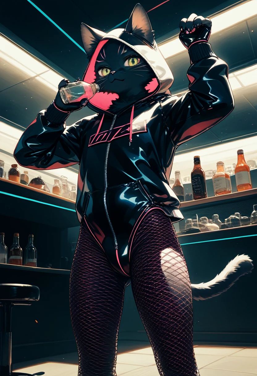 Highest quality, Highest quality, High quality illustrations, masterpiece, Ultra-high resolution, Detailed Background, cyber cafe, Bottle, Absurd, Perfect Anatomy, performance, Good lighting, Shadows in the movies(kemono, Furry Personification), cat, Black Skin, Rubber suit, Rubber suit, latex, neon, neonライト, neonカラー, Fishnet tights, Rubber Hoodie, ribbon, male