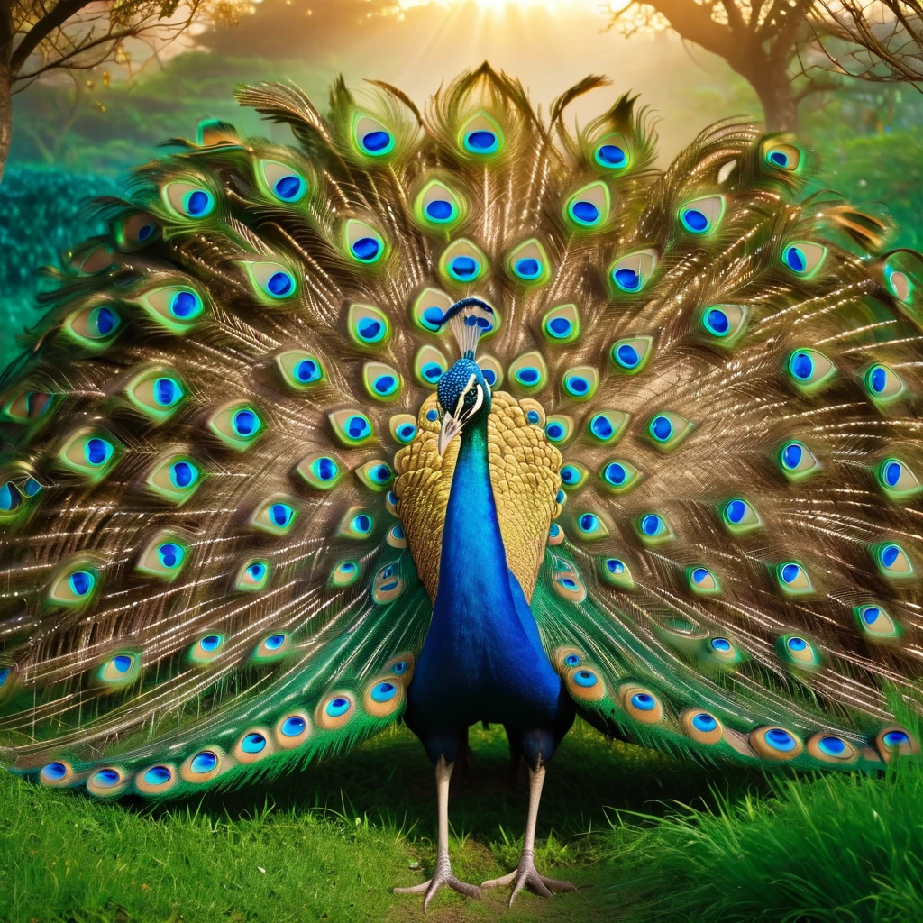 Peacock,(Front upright:1.1),Peacock开屏,fantasy,masterpiece,Field scenes,(panoramic视角1.2),Soft lighting,panoramic