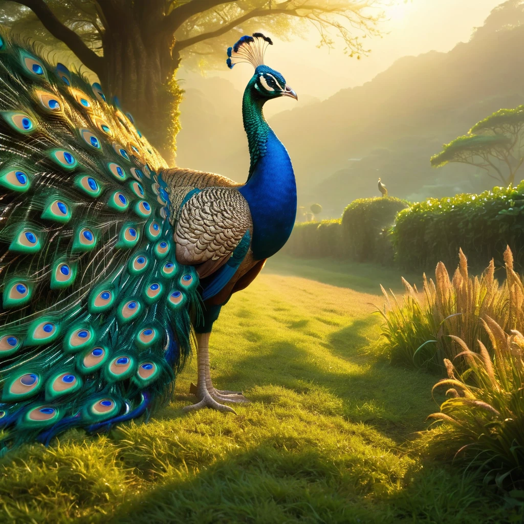 Peacock，（Front upright：1.1），Peacock开屏，fantasy，masterpiece，Field scenes，（panoramic视角1.2），Soft lighting，panoramic