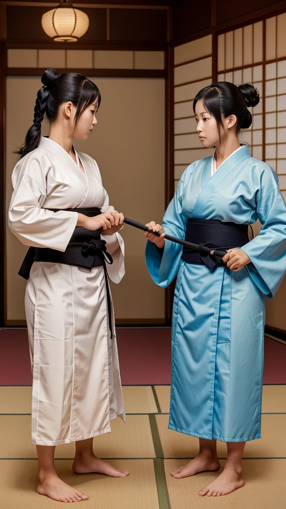 High resolution, 4K, siblings practicing kendo, Japanese, wearing kimonos, traditional style.