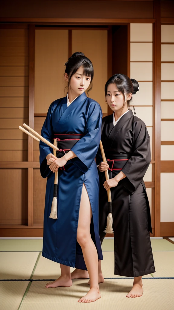 High resolution, 4K, siblings practicing kendo, Japanese, wearing kimonos, traditional style.