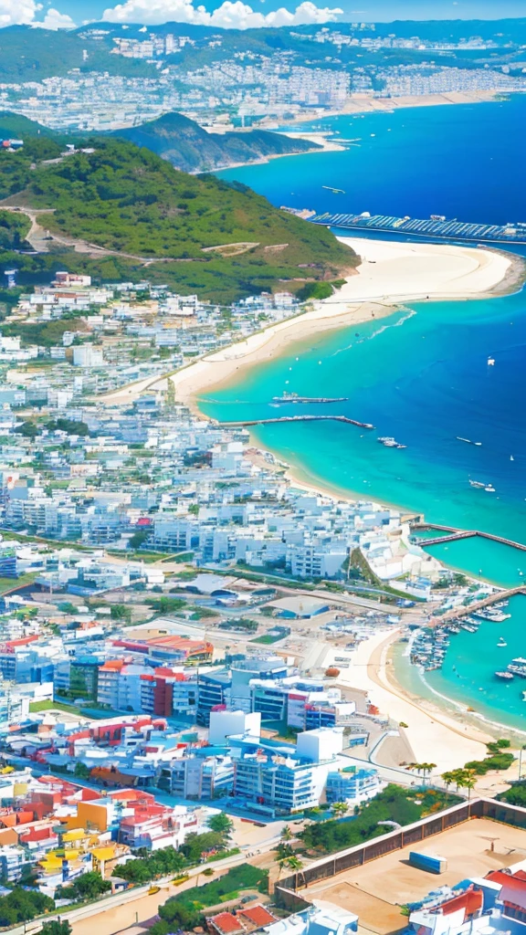 (resort town of Ibiza), which is in Spain, ((the beach and houses are visible)). (((single image)))