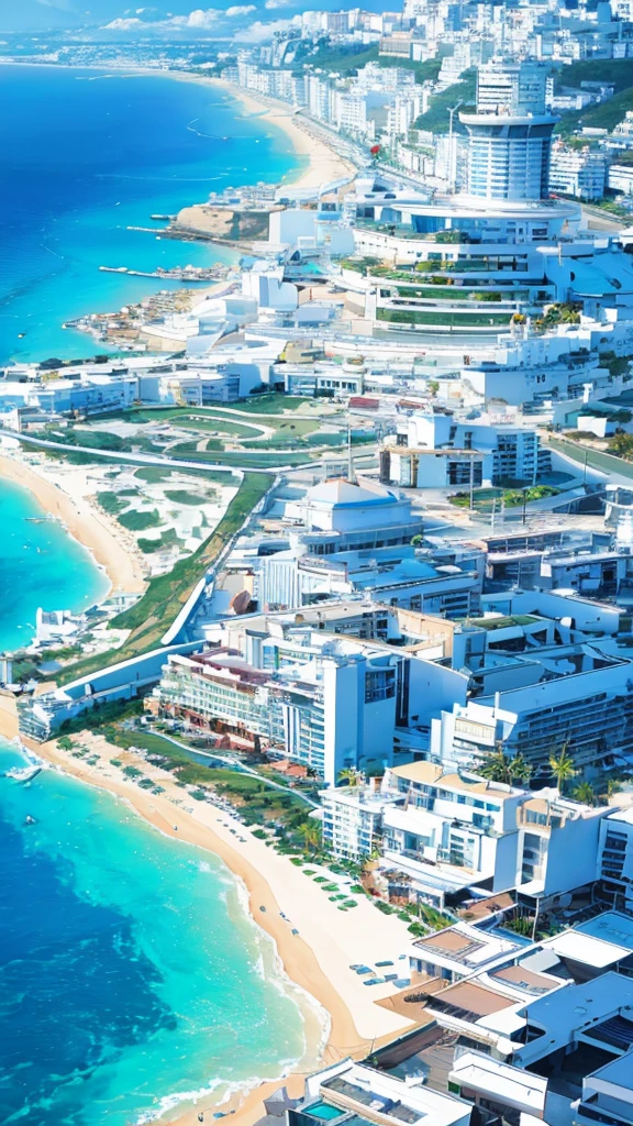 (resort town of Ibiza), which is in Spain, ((the beach and houses are visible)). (((single image)))