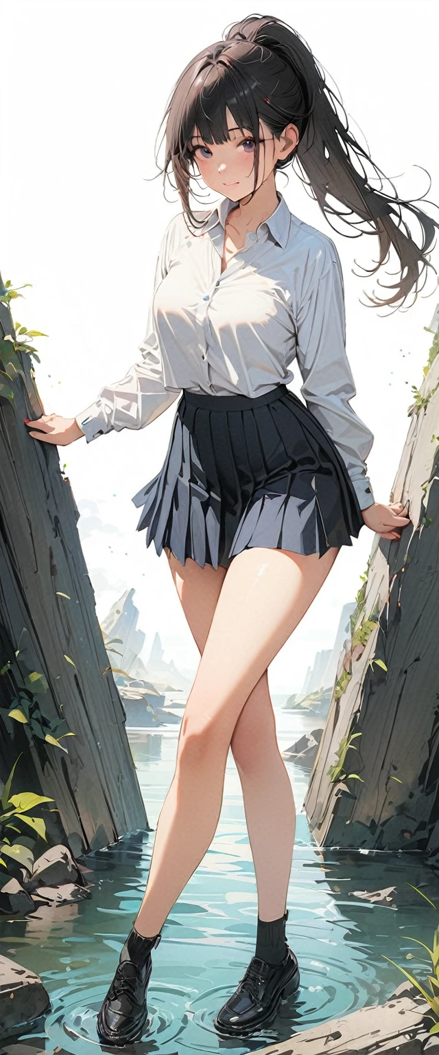 20 years old,1 mature woman,hyperrealistic, 8k, (extremely detailed 8k), (very delicate and beautiful), (masterpiece), (better quality:1.0), (ultra high resolution:1.0), (masterpiece, best quality),cute,black hair,ponytail,full body,white background,realistic skin,collared shirt, pleated skirt,standing