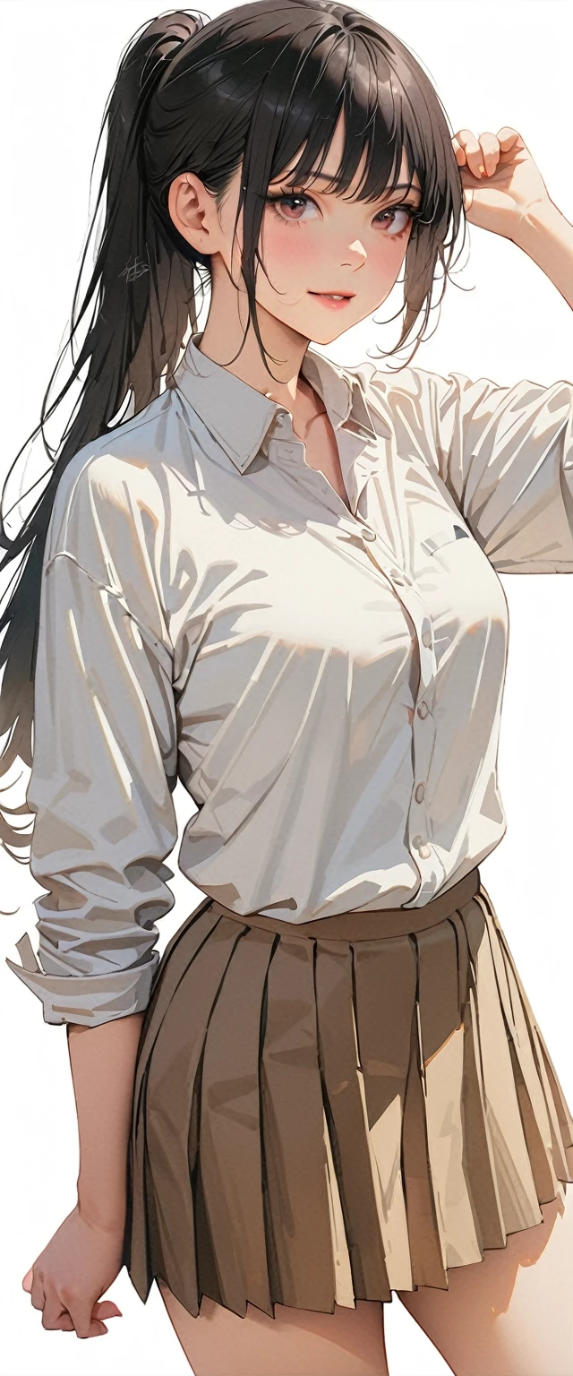 20 years old,1 mature woman,hyperrealistic, 8k, (extremely detailed 8k), (very delicate and beautiful), (masterpiece), (better quality:1.0), (ultra high resolution:1.0), (masterpiece, best quality),cute,black hair,ponytail,full body,white background,realistic skin,collared shirt, pleated skirt,standing