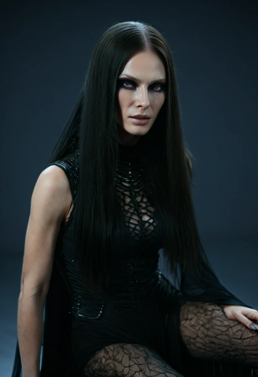 Fashionable of androgynous alien looking witch wearing veil, glowing eyes, beautiful evil slavic muscular woman, pale skin, long hair, futuristic design, minimal details, givenchy, photoreal, 200mm, hd, f/ 2.0, highly detailed, surreal, sitting, light smile, simple black stylish clothes, a slight smiledrop dead, in the style of red and blue, (intricate details, hyperdetailed:1.15) (skin texture:1.2), cinematic, professional, 4k, (((dynamic model pose))), sitting, full body, mesmerizing, dynamic, dramatic, dynamic pose, highly detailed skin with hair, subcutaneous veins, light and shadow play, highly detailed,24mm photograph, bokeh, professional, 4k,