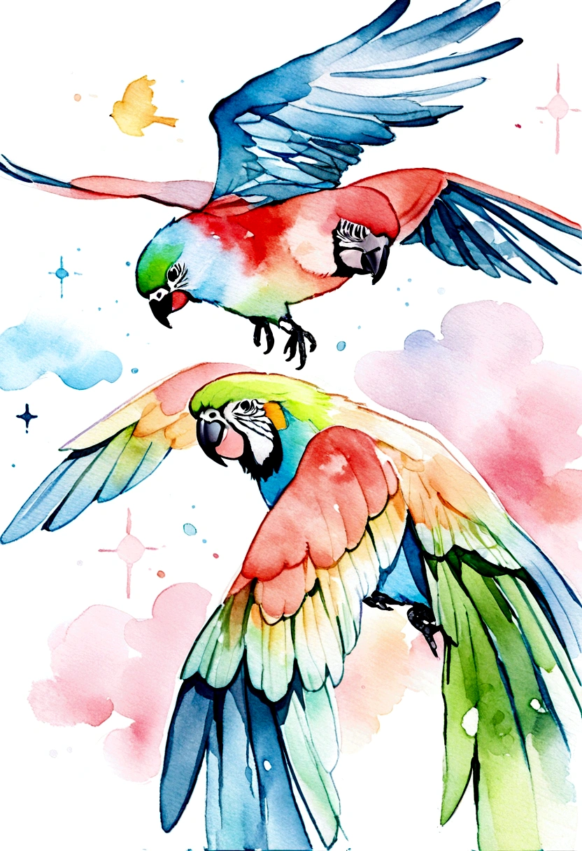 watercolor画, birds, solution, em watercolor画, watercolor, 4K resolution, White background, Pastel Parrot