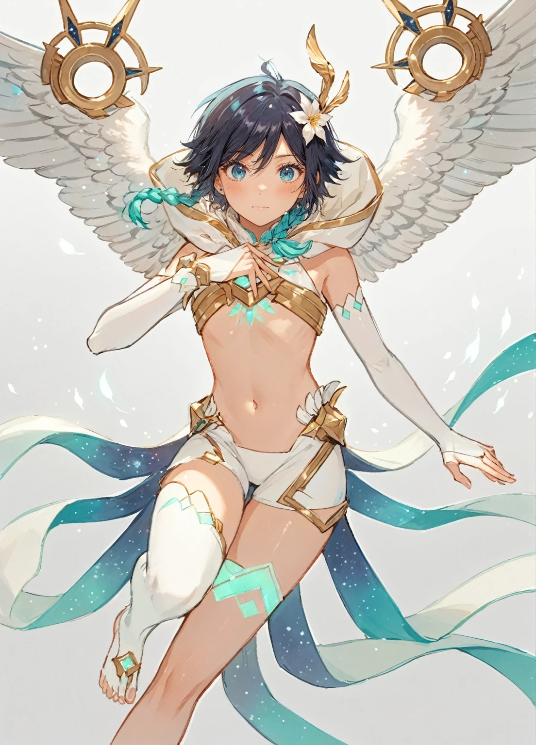 ai-generated,very aesthetic,1boy,venti_/(archon/)_/(genshin_impact/),male_focus,detailed_eyes,white feathered_wings,white halter_crop top,white shorts,hair_flower,midriff,black blue hair gradient,dsmile,((flat chest)),starry_sky,moon,starry_sky_print,((bluegreen eyes)),slender,feathers,divine,detailed_eyes,long_eyelashes,pink_lips,glossy lips,narrow_waist,dreamy anime fantasy background,raytracing,floating,light particles,dsmile,starry sky, shooting stars,celestial,intricate,(best quality,4k,8k,highres,masterpiece:1.2),twin braids