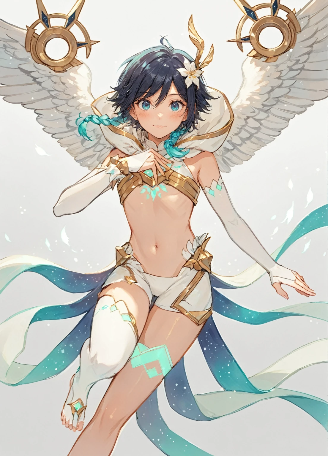 ai-generated,very aesthetic,1boy,venti_/(archon/)_/(genshin_impact/),male_focus,detailed_eyes,white feathered_wings,white halter_crop top,white shorts,hair_flower,midriff,black blue hair gradient,dsmile,((flat chest)),starry_sky,moon,starry_sky_print,((bluegreen eyes)),slender,feathers,divine,detailed_eyes,long_eyelashes,pink_lips,glossy lips,narrow_waist,dreamy anime fantasy background,raytracing,floating,light particles,dsmile,starry sky, shooting stars,celestial,intricate,(best quality,4k,8k,highres,masterpiece:1.2),twin braids