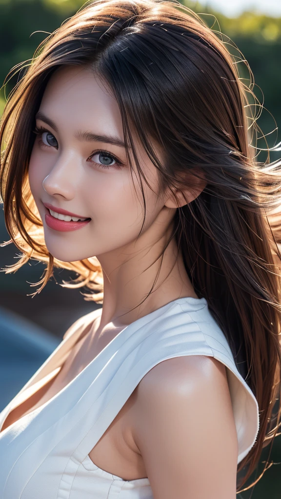 (8K, RAW Photos, Highest quality, masterpiece: 1.2), (Realistic, Realistic: 1.37), Highest quality, Ultra-high resolution, Light leakage, Dynamic Lighting, Slim and smooth skin, (whole body:1.3), (Soft saturation: 1.6), (Fair skin: 1.2), (Shiny skin: 1.1), Oily skin, 22 years old, night, Shiny white blonde, well-formed, Hair blowing in the wind, Close-up shot of face only, Physically Based Rendering, From various angles, Big smile, , Beige vest, thunderstorm, flash, stick out your tongue a little