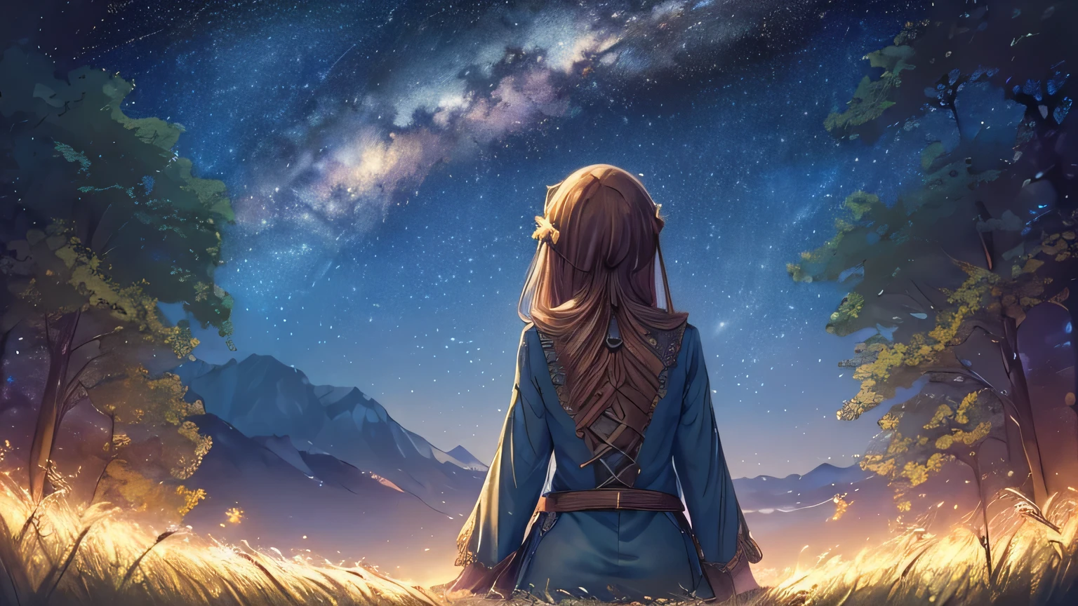 (masterpiece:1.5),(highest quality:1.5),(HDR:1.3),ambient light,ultra-high quality,(ultra detailed original illustration),8k,(((((((1 girl, back view:1.2))))))),A young woman with flowing auburn hair sits peacefully amidst a vibrant meadow,her back resting against an ancient oak tree,branches reaching towards the cosmos like arms. She wears a comfortable,loose-fitting jumpsuit of a deep indigo,her gaze lifted upwards to the swirling nebulae and shimmering constellations painted across the night sky. The scene is bathed in the ethereal glow of the Milky Way,showcasing the interconnectedness between humanity and the vast universe surrounding it.,