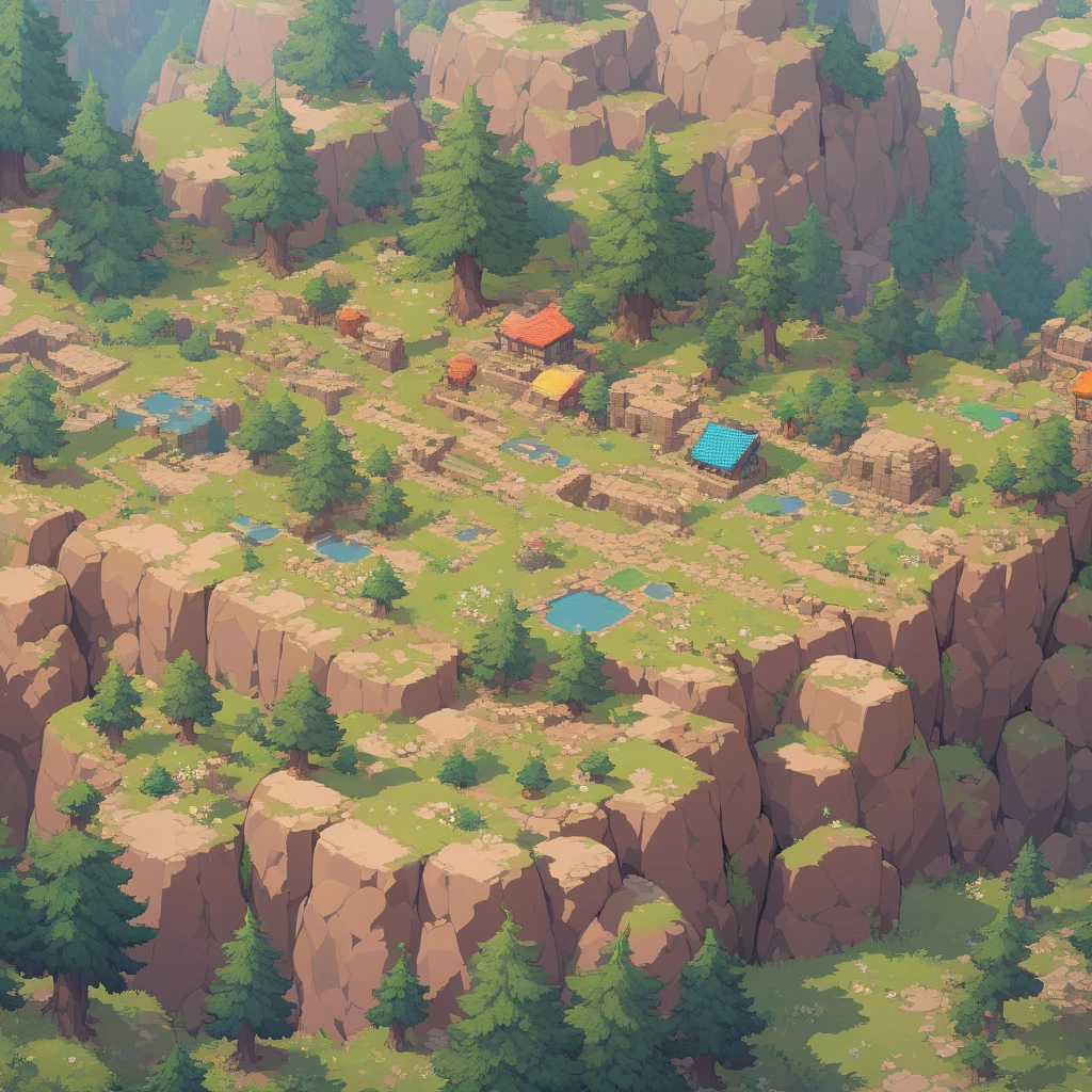 retro video game style,pixelated, vibrant pastel colors,8-bit characters,blocky shapes,sharp lines,detailed shading,classic gaming vibe,nostalgic atmosphere,classic arcade games,masterpiece:1.2,ultra-detailed,illustration style, 2d texture, stone texture, 4 k seamless mud texture, video game texture, dirt texture, tileset, game tiles, grass, 3/4th perspective trees, 3/4th perspective tileable rock texture, 3/4th perspective tileable cliff formations, tileable trees, topdown view, game texture, game art, tileable texture, very detailed cliff texture, intricate stones, top down view, 3/4th perspective