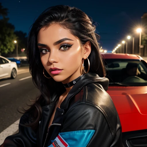 Focus on faces, attractive latino female streetracer sitting on hood of car, sports car, open colourful race jacket, casual clothes, night time, street lights, road, looking up, big eyes, full lips, eyeliner wings, eye shadow, lip stick, ear ring hoops, choker, begging look, hugging,