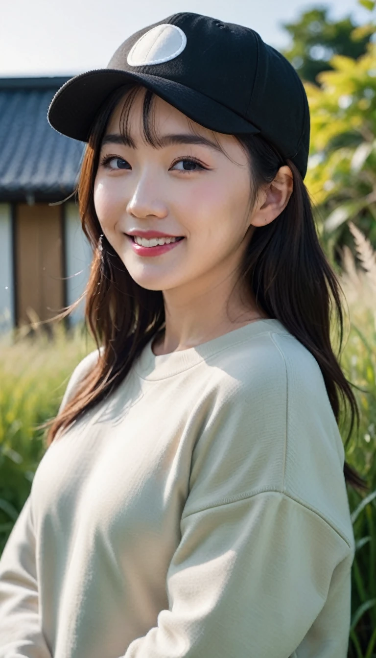 Highest quality、masterpiece、Ultra-high resolution、Live Action、4K、Squat、Oversized sweatshirt、Beautiful Japanese Woman、30 years old、Cute Smile、teeth、Wear a black cap、Outdoor、Grass、