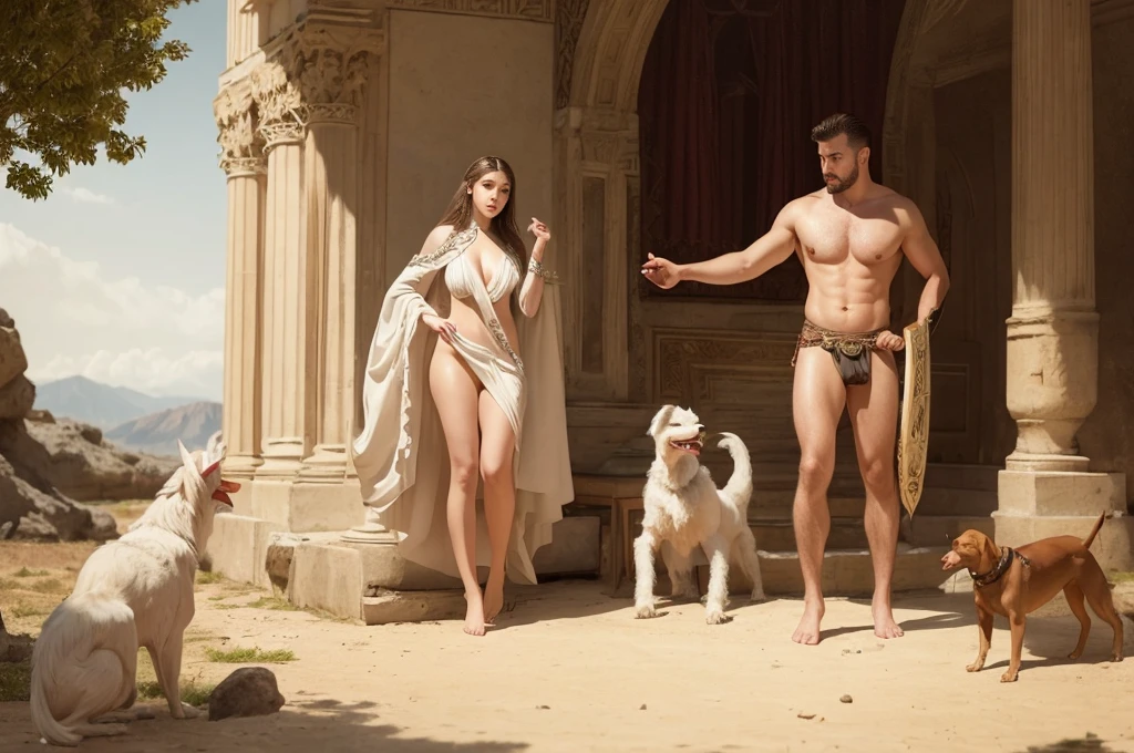 there are many man and a woman in the on the greek market, ground woman background, nude standing woman, nude standing woman, naked, greek man talking, a Greek man walking and debate with another old man,female god statue, full body white cloak, shield, bow, sword, white hair, masculine, mature, naked, hairy torso, fantasy, intricate, elegant, highly detailed, digital painting, concept art, smooth, sharp focus, illustration, amor, helmet, sword, shield, Greek god. handsome,painted of rugged zeus and queen hera singing with lia, god of thunder, female greek god, white hair, masculine, mature, handsome, muscular, hairy torso, fantasy, intricate, elegant, highly detailed, digital painting, artstation, concept art, smooth, sharp focus, illustration, art by gaston bussiere and alphonse mucha, almost naked,chicken and dog on ground,