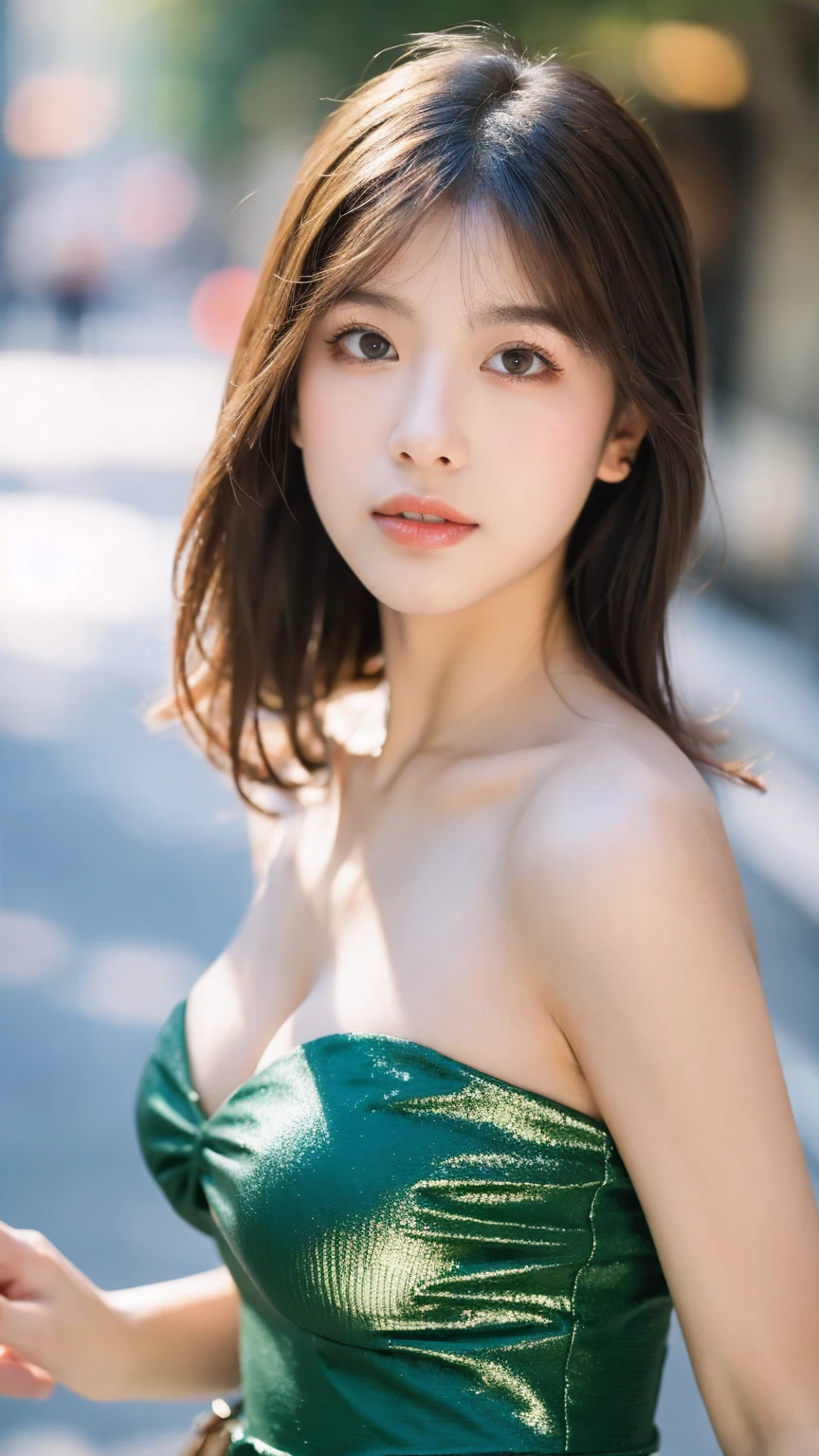 ((Best quality, 8K, masterpiece:1.3))，1girl，18 years old，Asian，Real texture:1.3，(Background blur:1.1)，Dress Up，Tall and slender figure:1.2，(Hot summer weather)，（street:1.3），Highly detailed face and skin textures，Exquisite eyes，Long eyelashes，Double eyelids，Skin Whitening，happy，Various postures，Big breasts