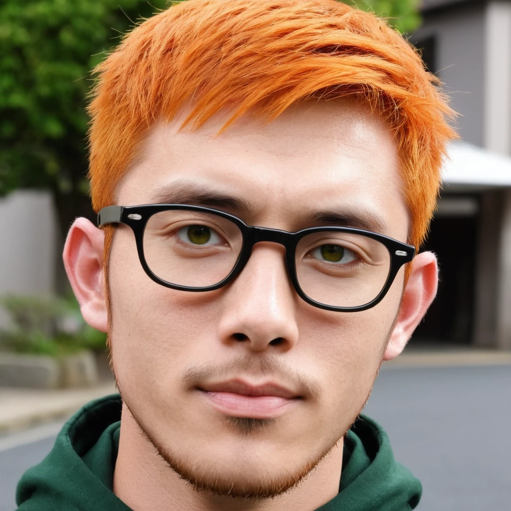 Handsome guy,  Scottish guy mix Japanese, orange hair, green eyes, short hair, buzzcut hair,  30 years old student, eyeglasses 