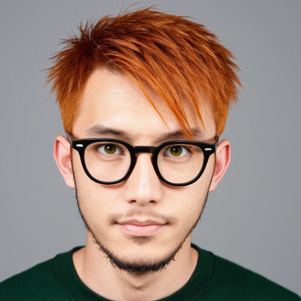 Handsome guy, Scottish guy mix Japanese, orange hair, green eyes, short hair, buzzcut hair, 30 years old student, eyeglasses