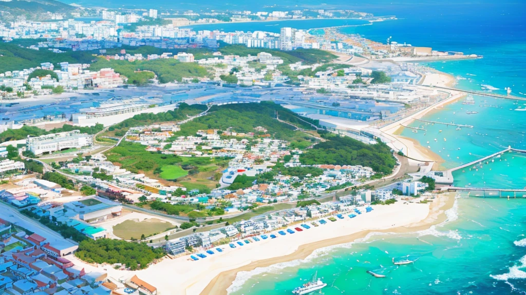 (resort town of Ibiza), which is in Spain, ((the beach and houses are visible)). (((single image)))