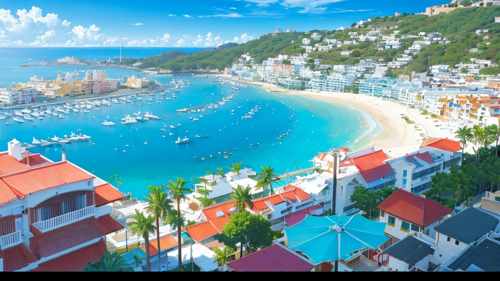(resort town of Ibiza), which is in Spain, ((the beach and houses are visible)). (((single image)))