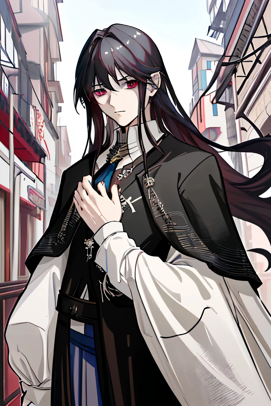 Long-haired males，Black hair color，White and burgundy highlights。Wearing a medieval European court black suit，Handsome face，The expression is serious and exudes a mature atmosphere，Serious，He is the regent of an imaginary dynasty.。Anime style，Age around 30，Tall，Don't have a beard。