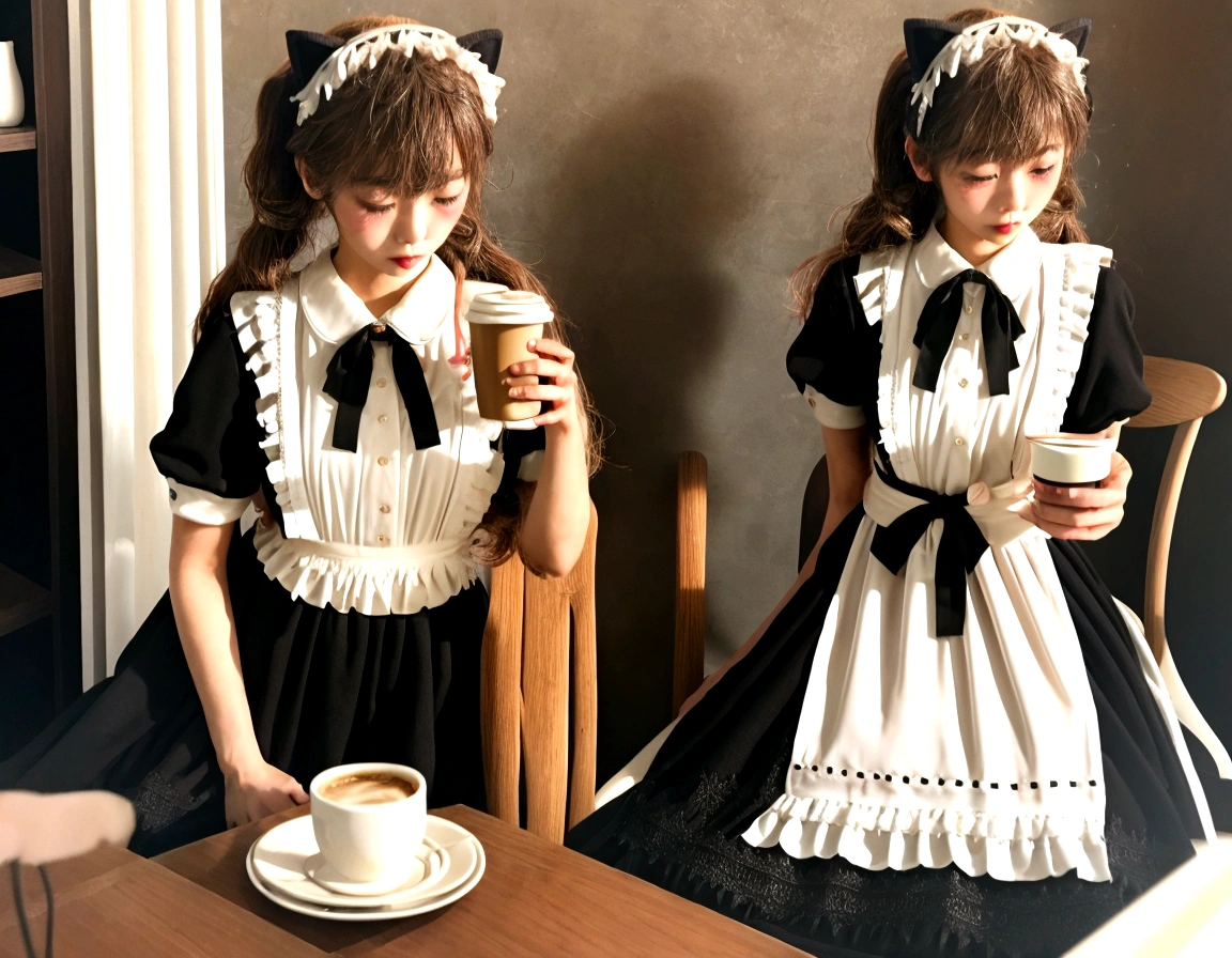 A cute and delicate girl,穿着黑白Maid装,Japanese Girls,Delicate skin,Cat ear,Maid,At the coffee shop,21 years old,Large Breasts