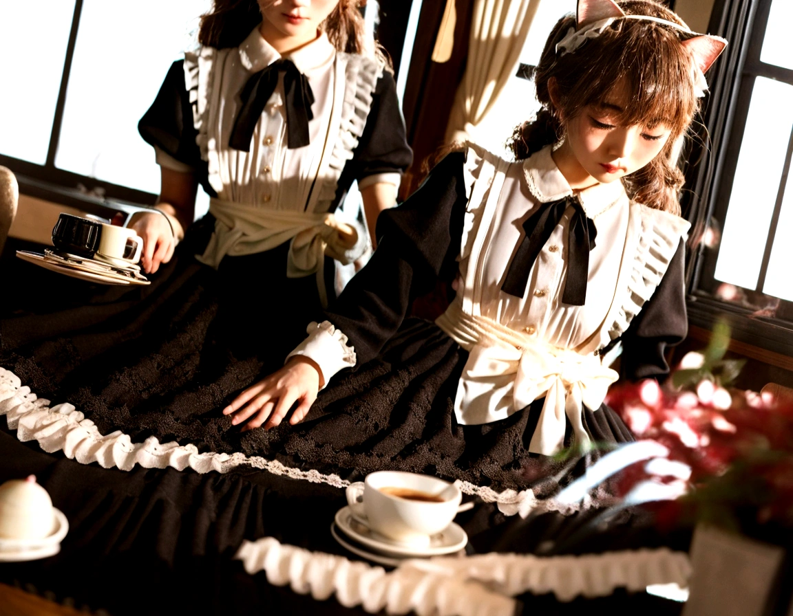 A cute and delicate girl,穿着黑白Maid装,Japanese Girls,Delicate skin,Cat ear,Maid,At the coffee shop,21 years old,Large Breasts