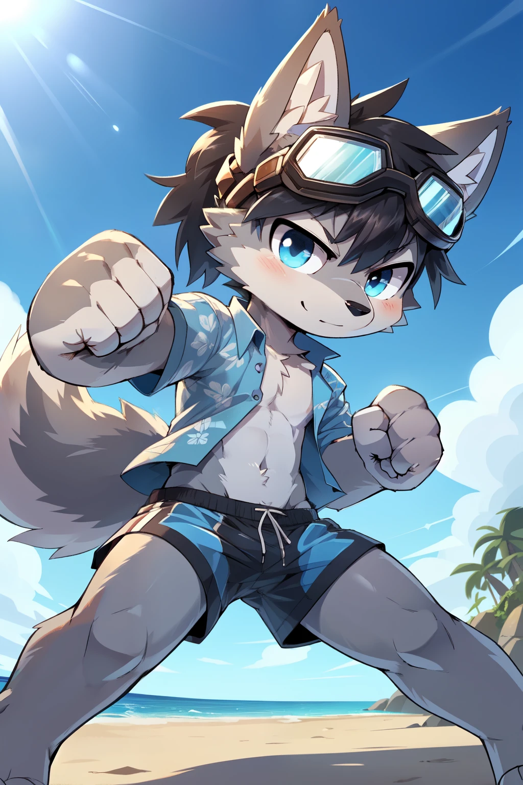 score_9,score_8_up,score_7_up, source_cartoon, source_furry, furry shota, wolf, black hair, long spiky ponytail, blue eyes, two tone body fur, grey body fur, clear grey body fur, detailed body fur, ((goggles, blue hawaiian shirt, open clothes, black swim trunks)), detailed body fur, detailed face, detailed eyes, glistering body, shiny body, gorgeous body, beach, clear sky, full body, feets with three toes, 3 toes, :3, ((fight, fist, punch, punch on viewer, punch)), sassy face, standing, upside view,