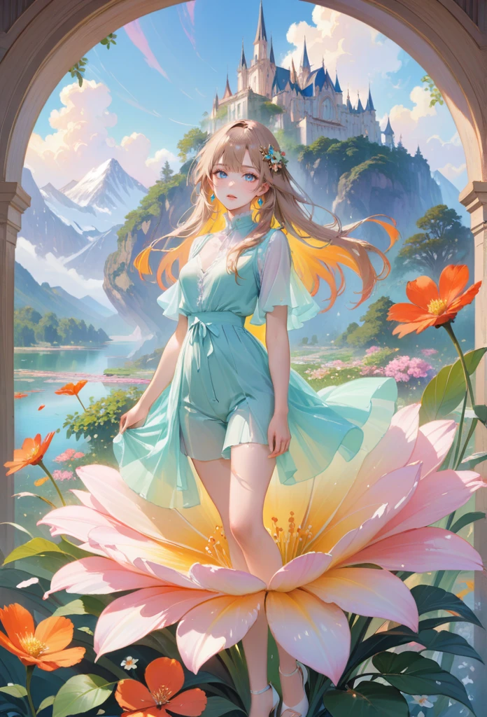 (best quality,4k,8k,highres,masterpiece:1.2),1girl,standing on giant flower,oversized_flower,on_flower,ultra-detailed,realistic:.75,delicate,vibrant color palette,ethereal atmosphere,peaceful,serene,soft sunlight filtering through colored glass,lush greenery,vividly colored blossoms,transcendent beauty,awe-inspiring artwork,face focus,dsmile:.25,