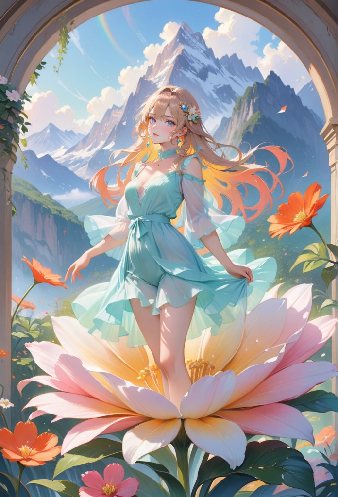 (best quality,4k,8k,highres,masterpiece:1.2),1girl,standing on giant flower,oversized_flower,on_flower,ultra-detailed,realistic:.75,delicate,vibrant color palette,ethereal atmosphere,peaceful,serene,soft sunlight filtering through colored glass,lush greenery,vividly colored blossoms,transcendent beauty,awe-inspiring artwork,face focus,dsmile:.25,