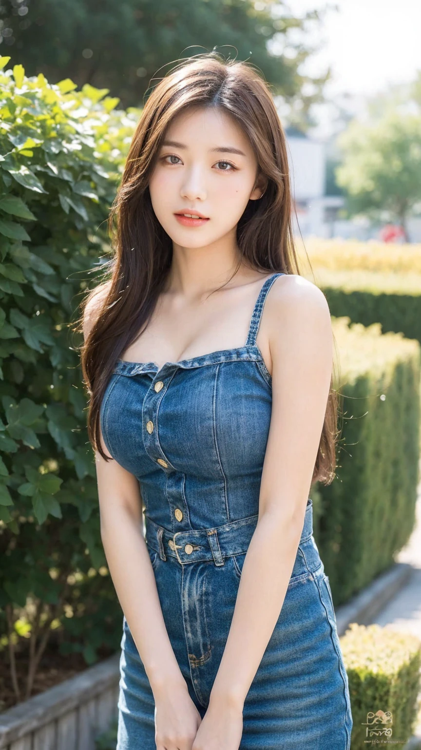 ((Best quality, 8K, masterpiece:1.3)),1girl,18 years old,Asian,Real texture:1.3,(Background blur:1.3),Dress Up,Tall and slender figure:1.2,(Hot summer weather),(garden:1.3),Highly detailed face and skin textures,Exquisite eyes,Long eyelashes,Double eyelids,Skin Whitening,happy,Big breasts