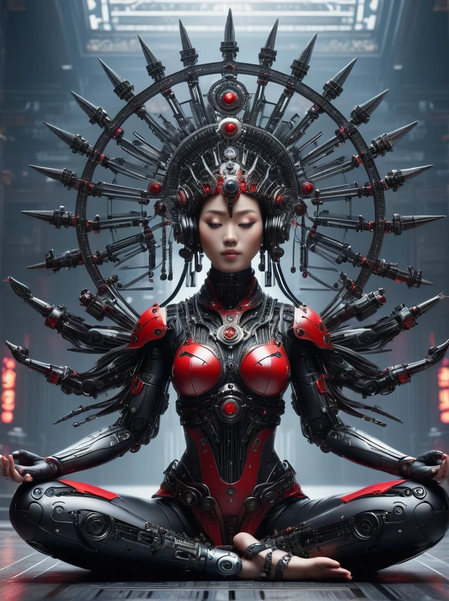 (Imagine:1.3), (full-body shot:1.5), 1 Red Cyberpunk Mechanical Girl, Many hands, meditation, Sitting cross-legged, 做meditation姿势, Wearing an ornate headdress made of black metal parts, Precision mechanical body, Ultra-fine electronic components, Temple Background, Light, musical note hair ornament, Surrealism, Blind box toy styles, Futurism, Concept Art, 发Light主义, 神Light, symmetry, First-person perspective, Ultra wide angle, Ultra HD, Anatomically correct, precise, masterpiece, The award-winning, 8K