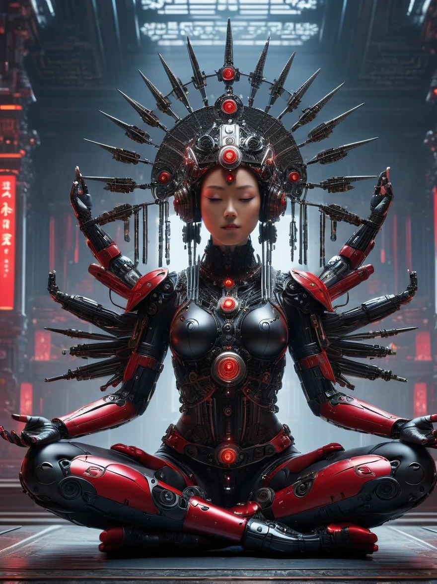 (Imagine:1.3), (full-body shot:1.5), 1 Red Cyberpunk Mechanical Girl, Many hands, meditation, Sitting cross-legged, 做meditation姿势, Wearing an ornate headdress made of black metal parts, Precision mechanical body, Ultra-fine electronic components, Temple Background, Light, musical note hair ornament, Surrealism, Blind box toy styles, Futurism, Concept Art, 发Light主义, 神Light, symmetry, First-person perspective, Ultra wide angle, Ultra HD, Anatomically correct, precise, masterpiece, The award-winning, 8K